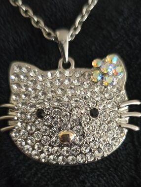 Crystal Cat Face Pendant Necklace - Silver  Tone with Iridescent Accent FLOWER.